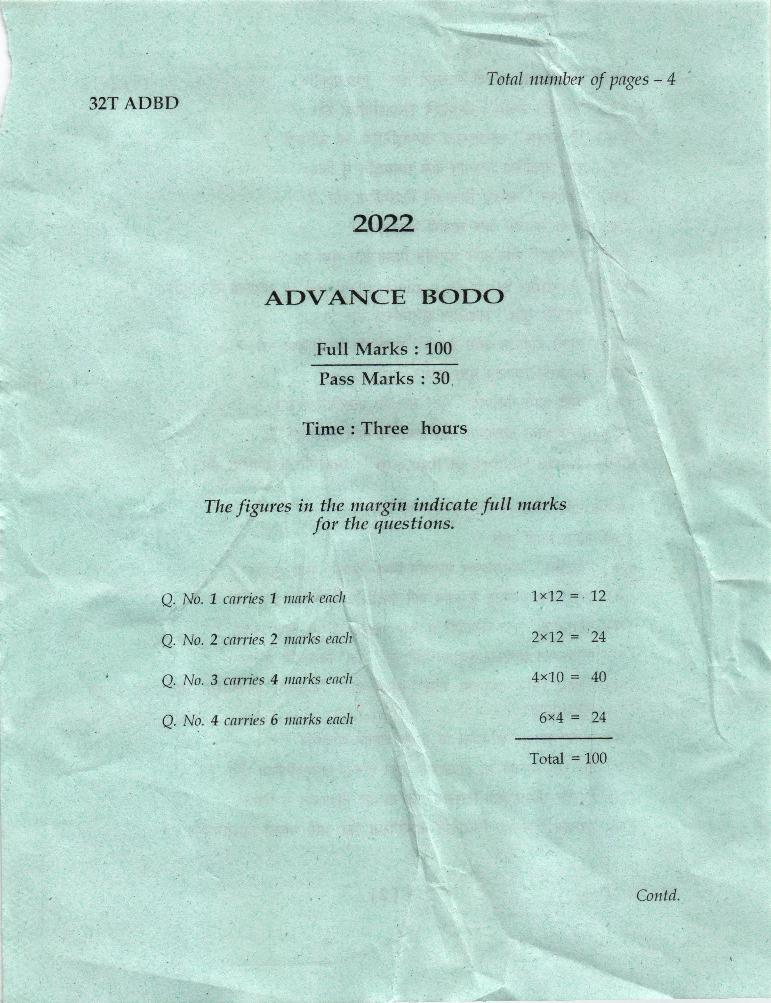 AHSEC HS 2nd Year Question Paper 2022 Advance Bodo - Page 1