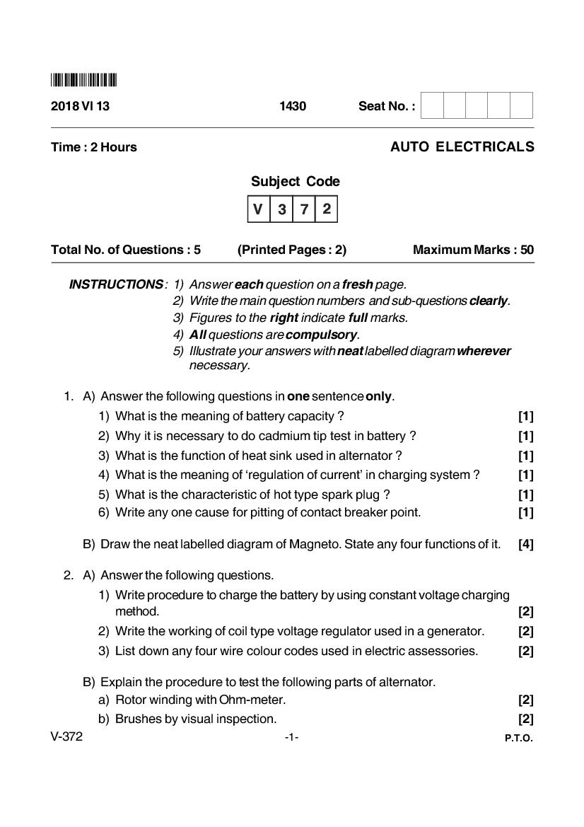 Goa Board Class 12 Question Paper June 2018 Auto Electricals - Page 1