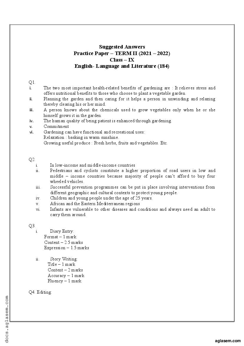 Class 9 Sample Paper 2022 Solution English Term 2 - Page 1