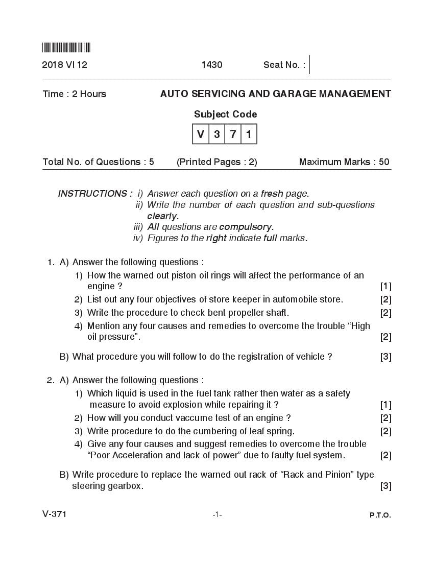 Goa Board Class 12 Question Paper June 2018 Auto Servicing and Garage Management - Page 1