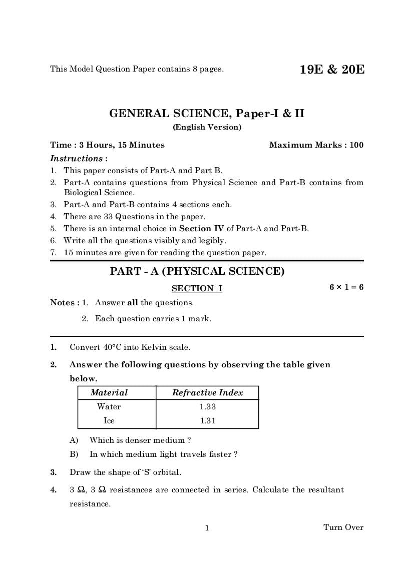 AP Class 10 Model Paper 2023 Science - Page 1