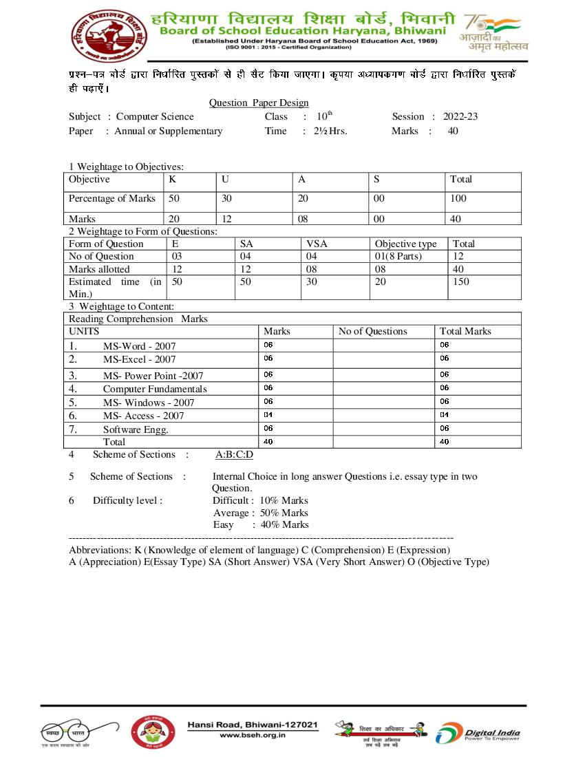 HBSE Class 10 Question Paper Design 2023 Computer Science - Page 1