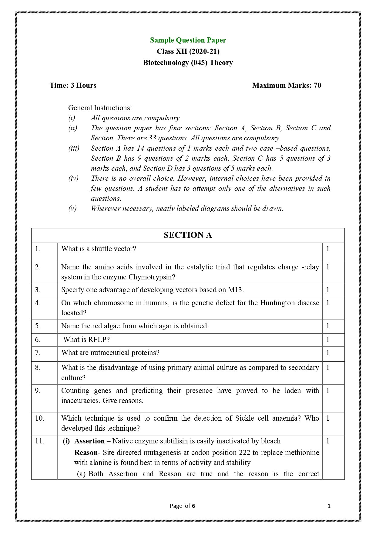 CBSE Class 12 Sample Paper 2021 for Biotechnology - Page 1