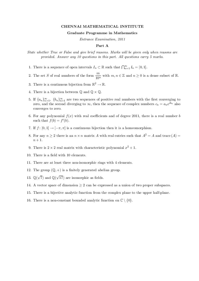 CMI Entrance Exam 2011 Question Paper for M.Sc or PhD Mathematics - Page 1