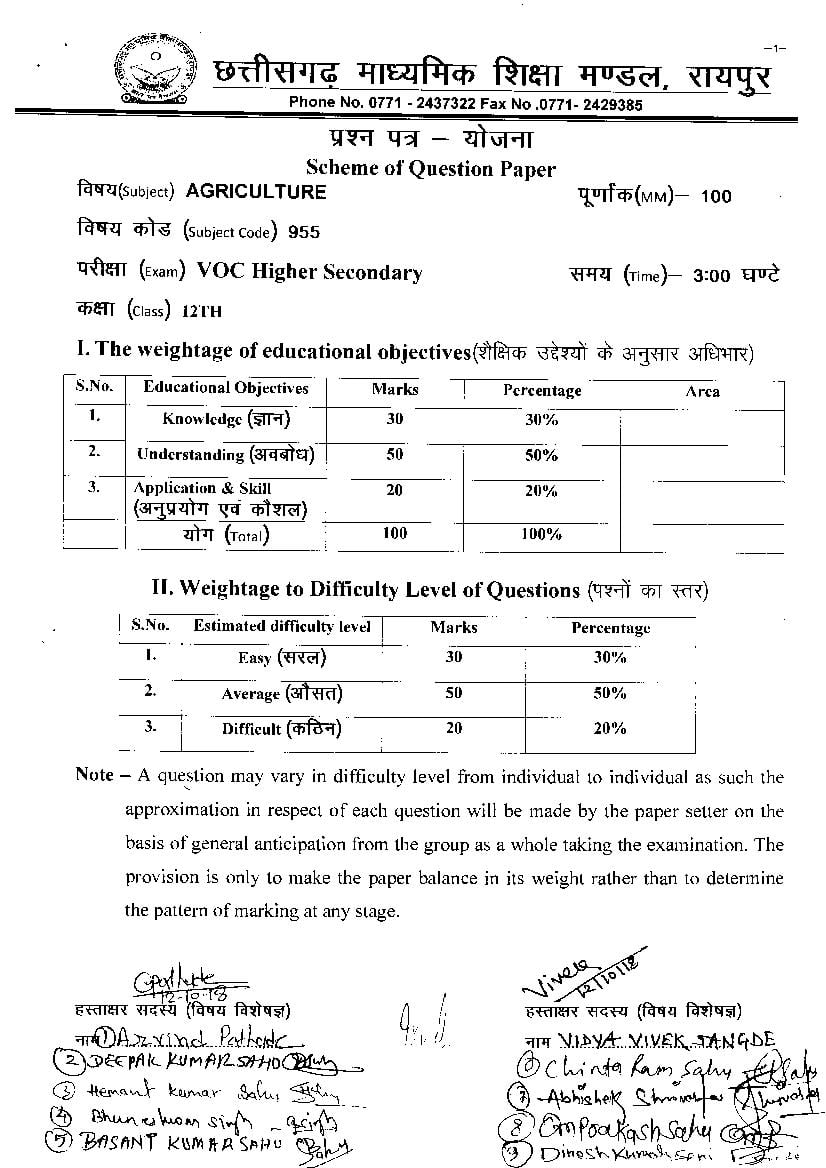 CG Board 12th Question Paper Scheme 2020 Agriculture - Page 1