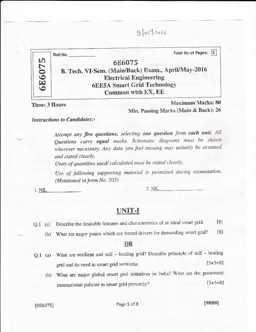 RTU 2016 Question Paper Semester VI Electrical Engineering Smart Grid Technology - Page 1