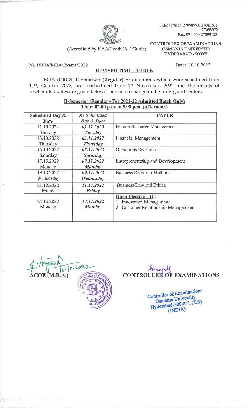 Osmania University Revised Time Table of MBA (CBCS) 2nd Sem (regular