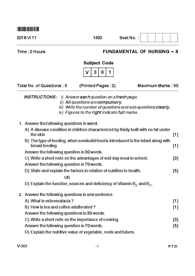 Goa Board Class 12 Question Paper June 2018 Fundamental of Nursing II - Page 1