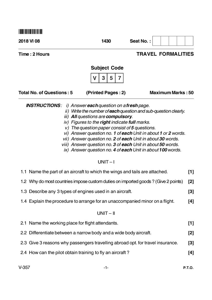 Goa Board Class 12 Question Paper June 2018 Travel Formalities - Page 1