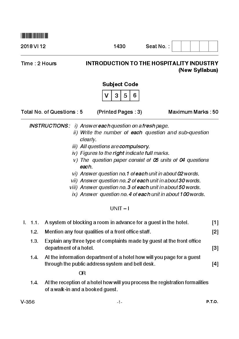 Goa Board Class 12 Question Paper June 2018 Introduction to the Hospitlity Industry _New Syllabus_ - Page 1