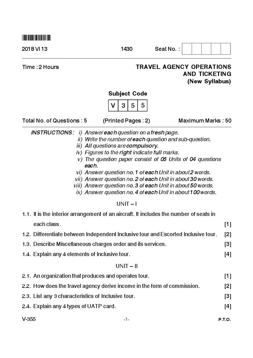 Goa Board Class 12 Question Paper June 2018 Travel Agency Operations and Ticketing _New Syllabus_ - Page 1