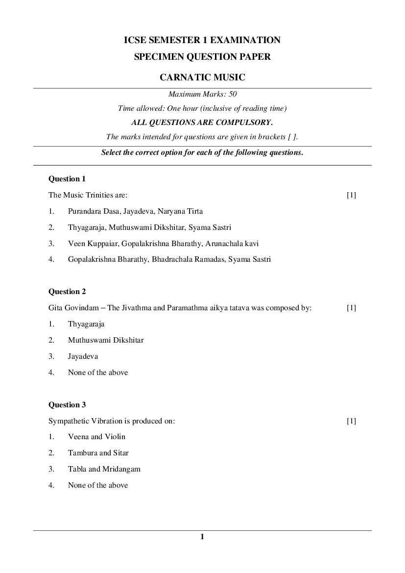 ICSE Class 10 Specimen Paper 2022  Carnatic Music Semester 1 - Page 1