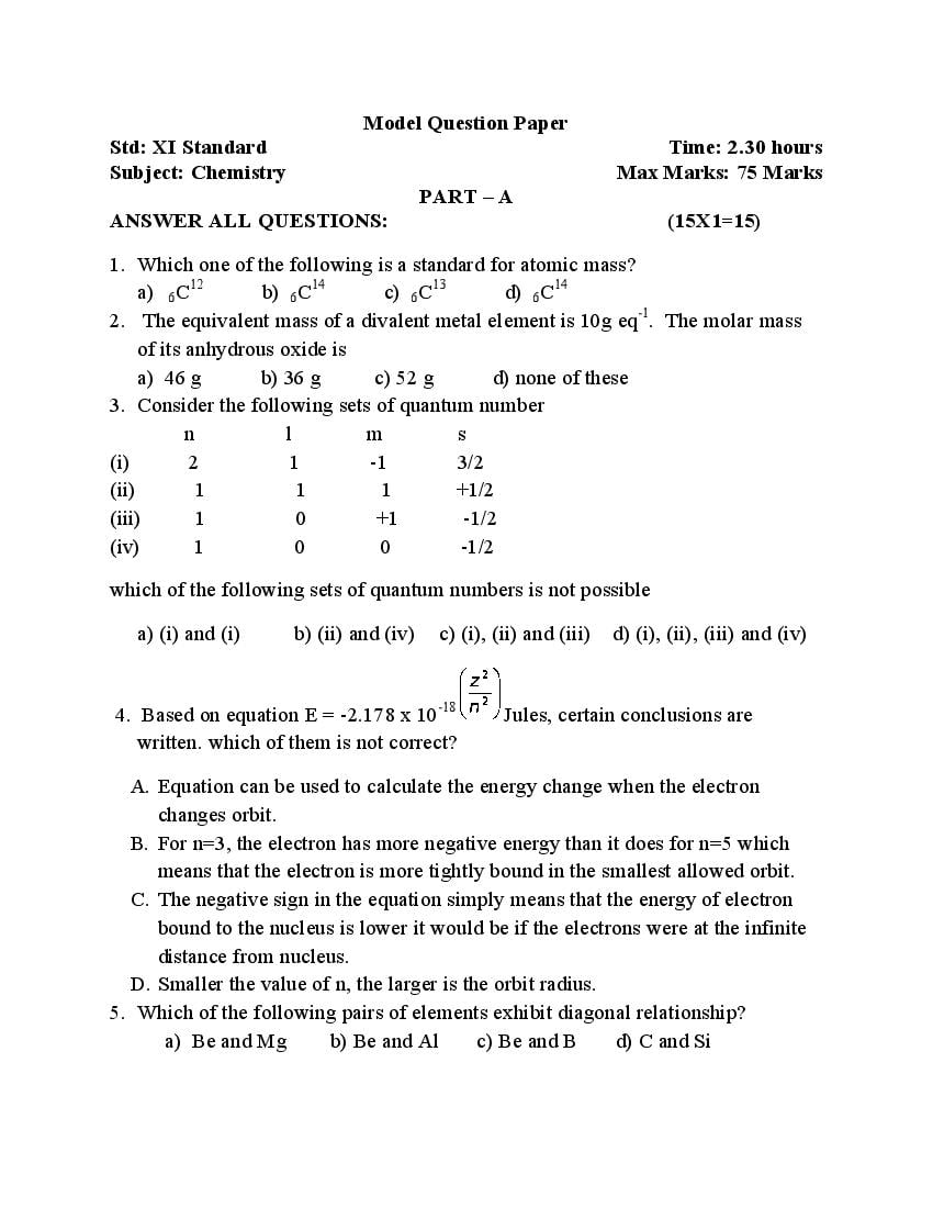 TN 11th Model Question Paper Chemistry (Tamil Medium) - Page 1