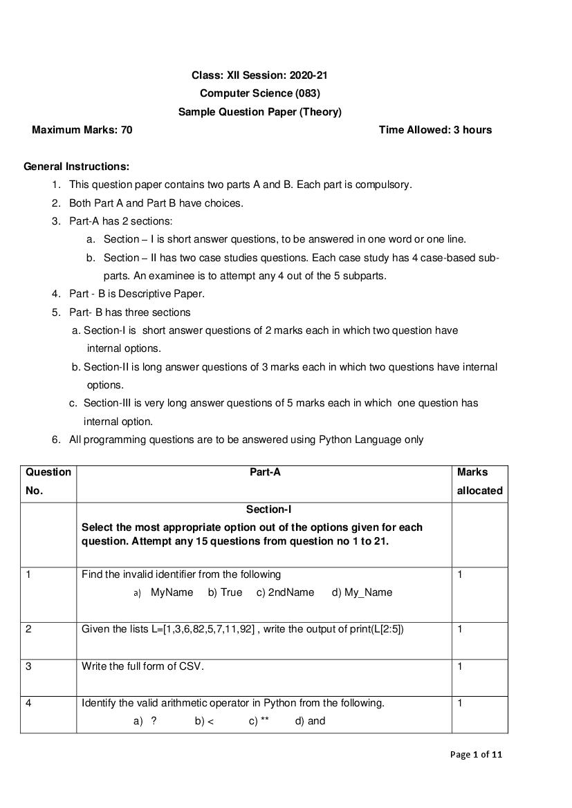 CBSE Class 12 Sample Paper 2021 for Computer Science - Page 1