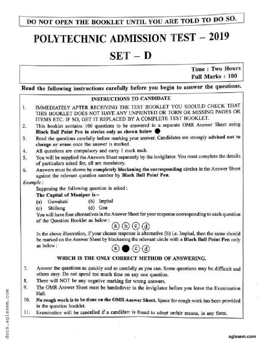 Assam PAT 2019 Question Paper - Page 1