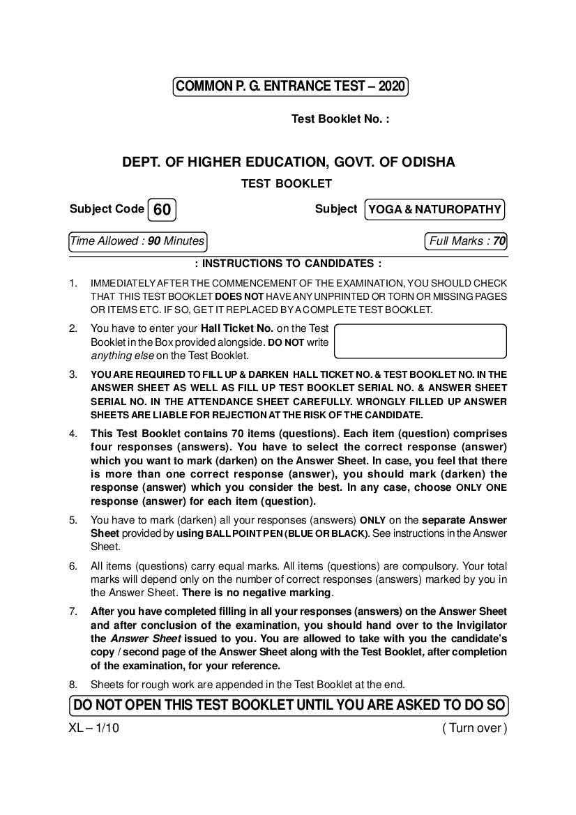 Odisha CPET 2020 Question Paper Yoga Naturopathy - Page 1