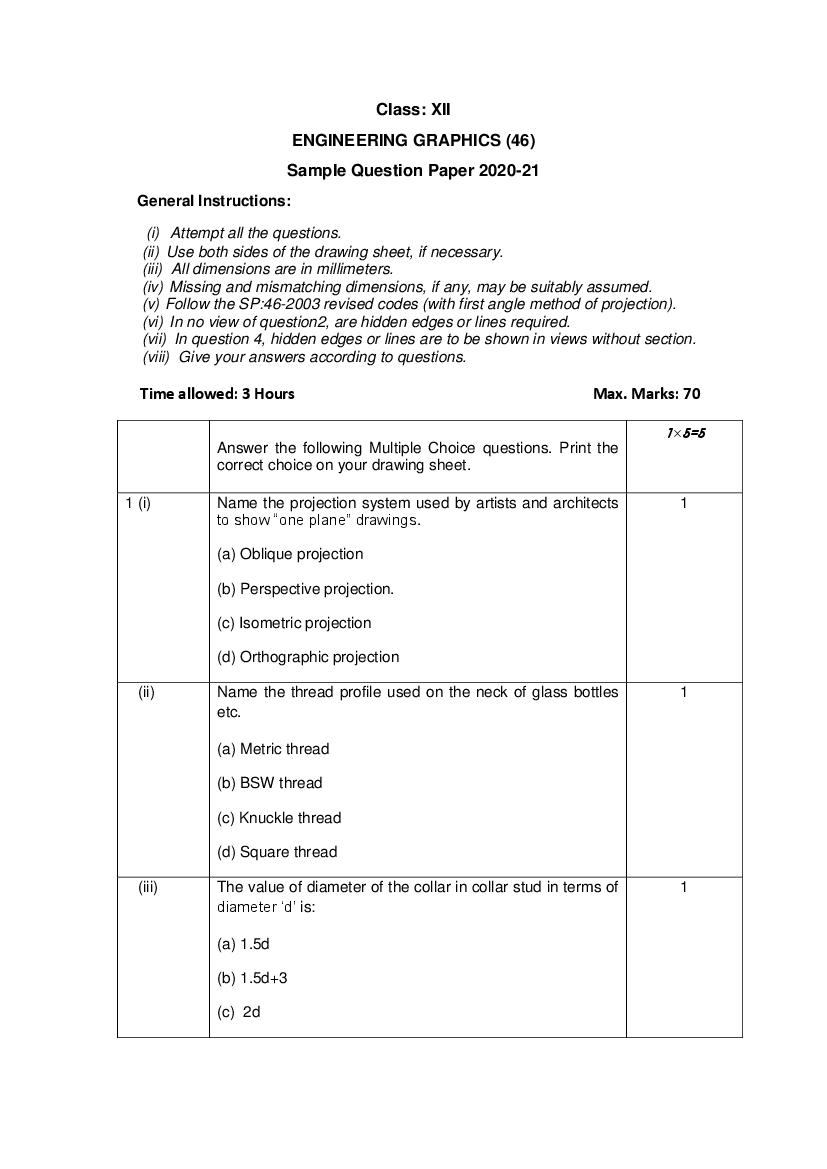 CBSE Class 12 Sample Paper 2021 for Engineering Graphics - Page 1