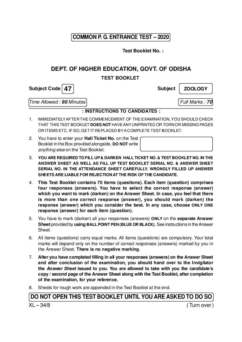 Odisha CPET 2020 Question Paper Zoology - Page 1
