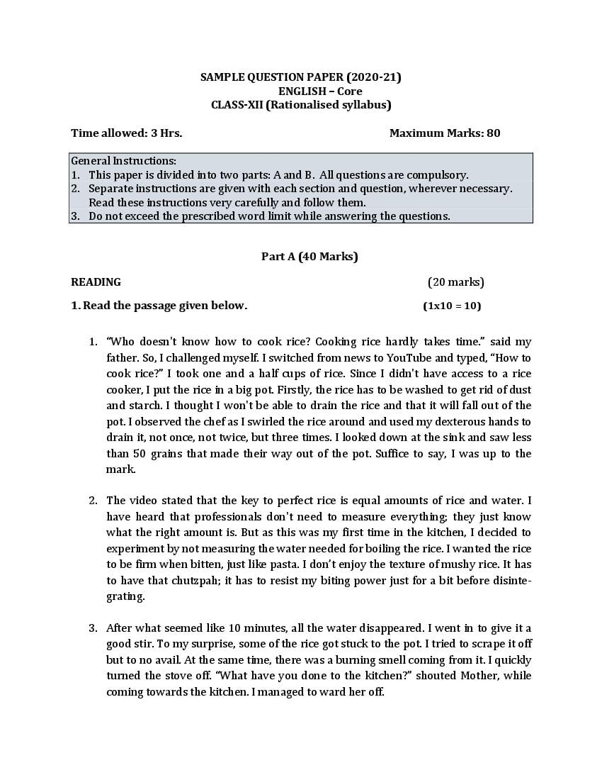 CBSE Class 12 Sample Paper 2021 for English Core - Page 1
