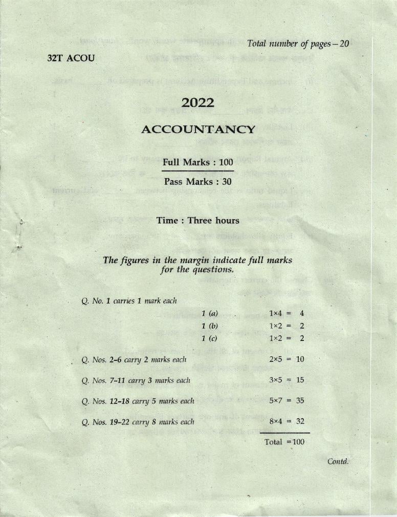 AHSEC HS 2nd Year Question Paper 2022 Accountancy - Page 1