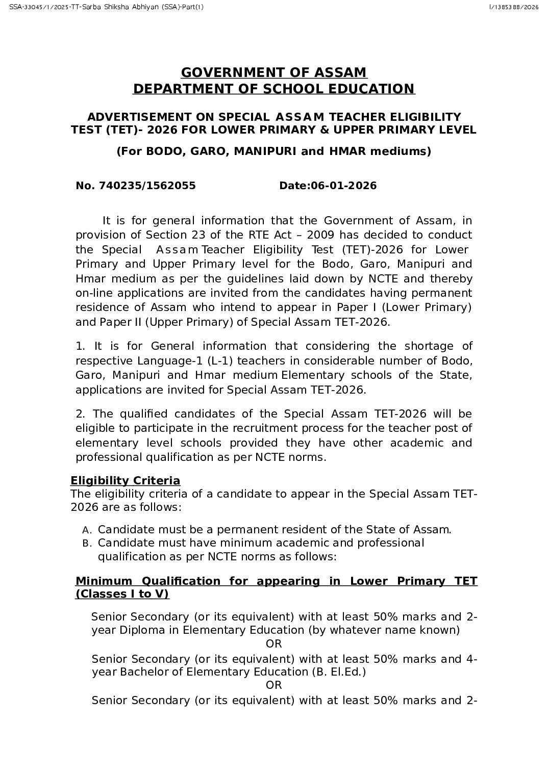 Assam TET 2026 Advertisment - Page 1 of 6