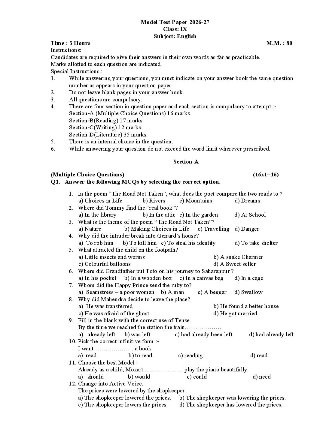 HP Board 9th Class Model Question Paper 2027 English - Page 1 of 7