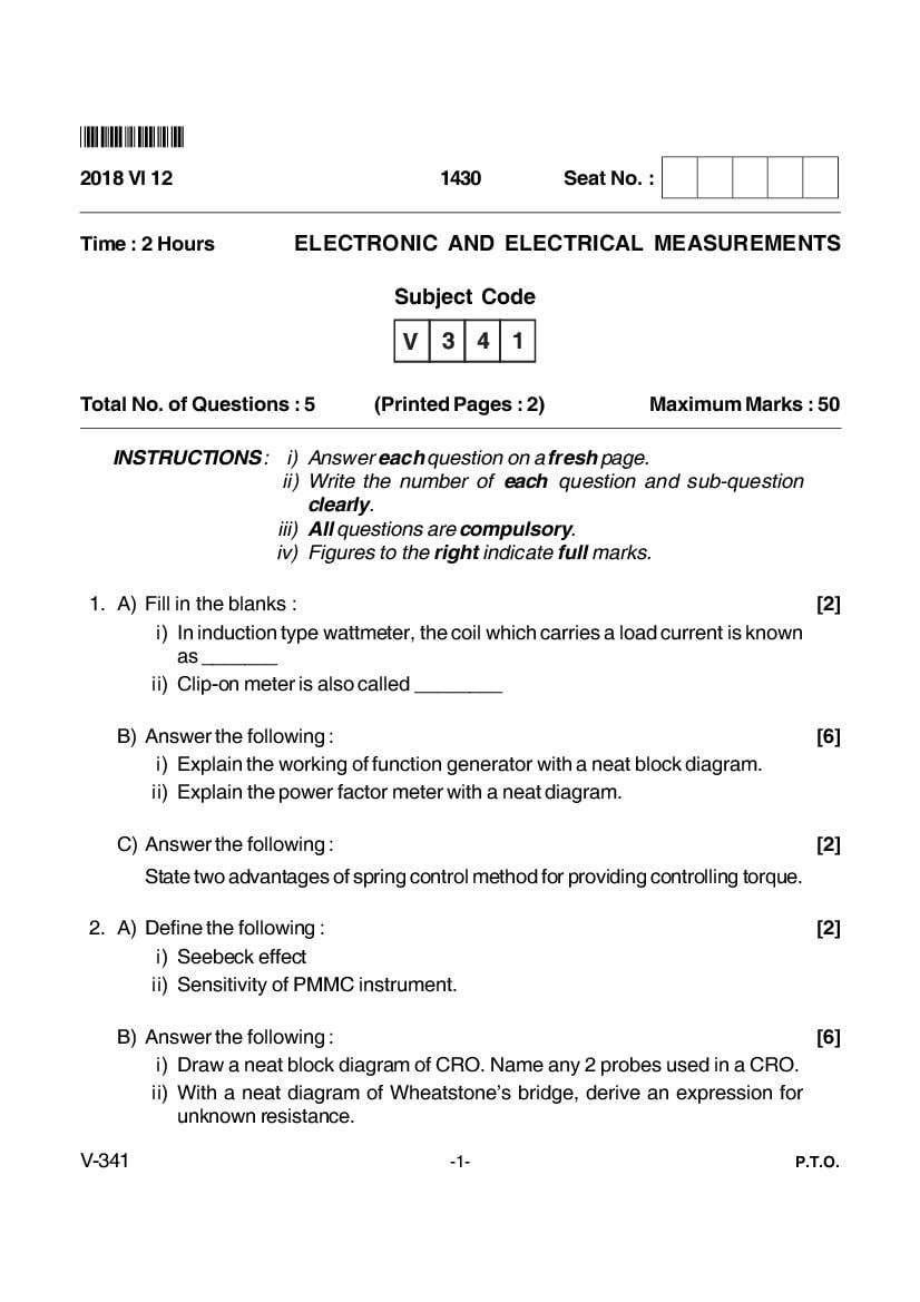 Goa Board Class 12 Question Paper June 2018 Electronic and Electrical Measurments - Page 1