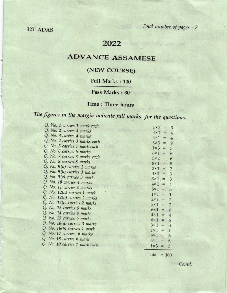 AHSEC HS 2nd Year Question Paper 2022 Advance Assamese - Page 1