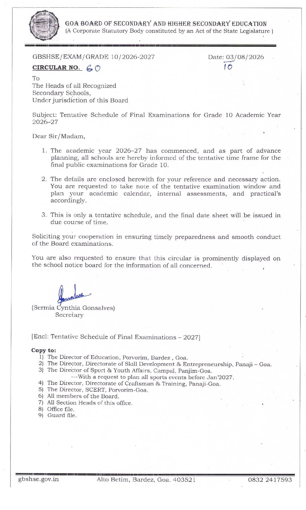 Goa Board 10th Time Table 2027 (Out) – GBSHSE Class 10 Exam Date PDF