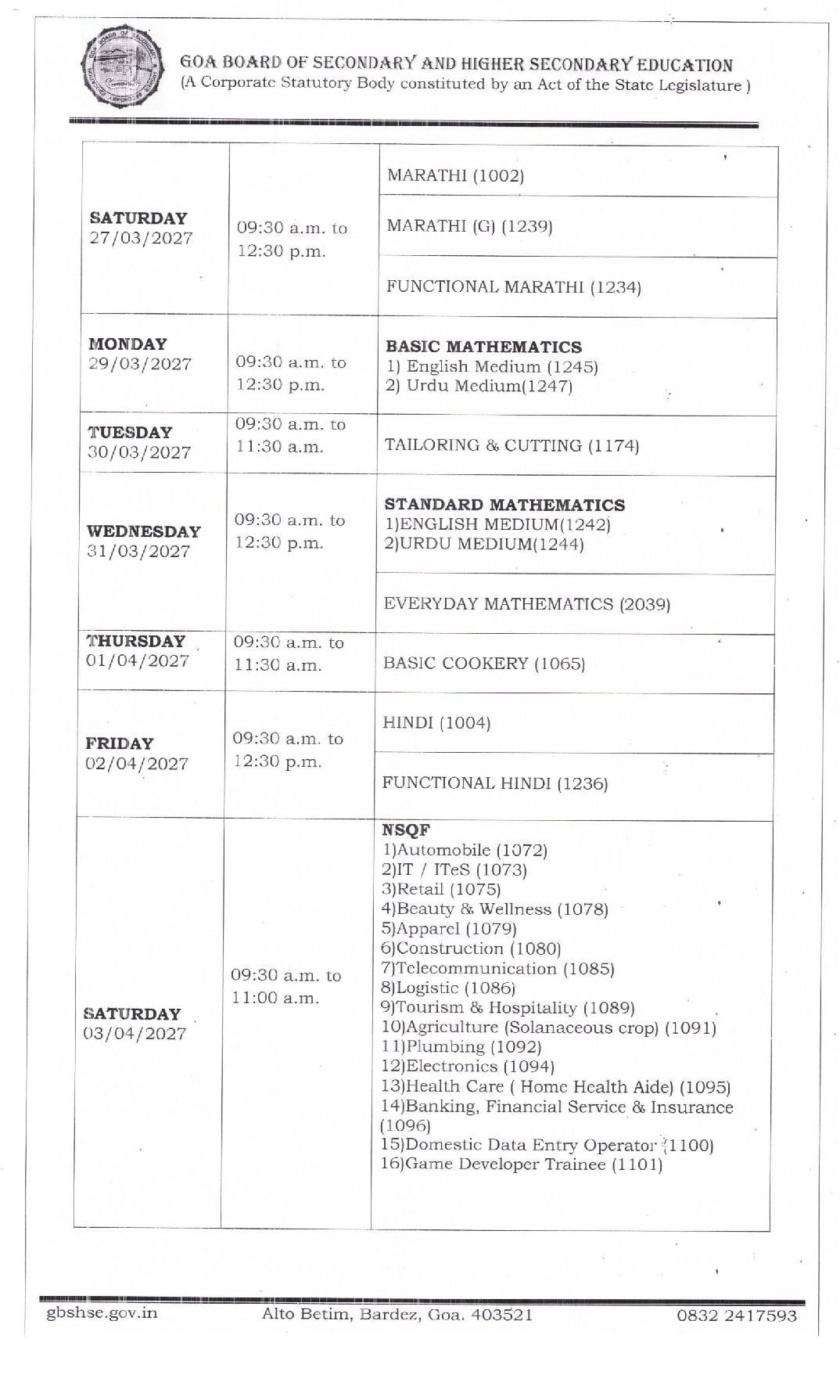 Goa Board 10th Time Table 2027 (Out) – GBSHSE Class 10 Exam Date PDF