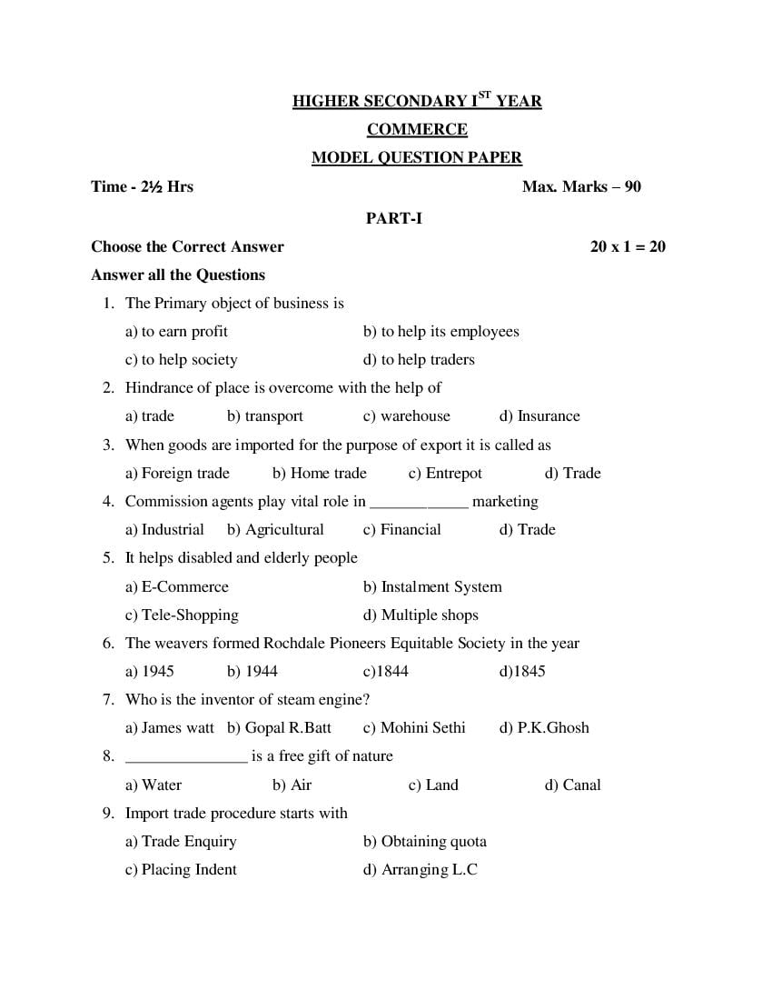 TN 11th Model Question Paper Commerce - Page 1
