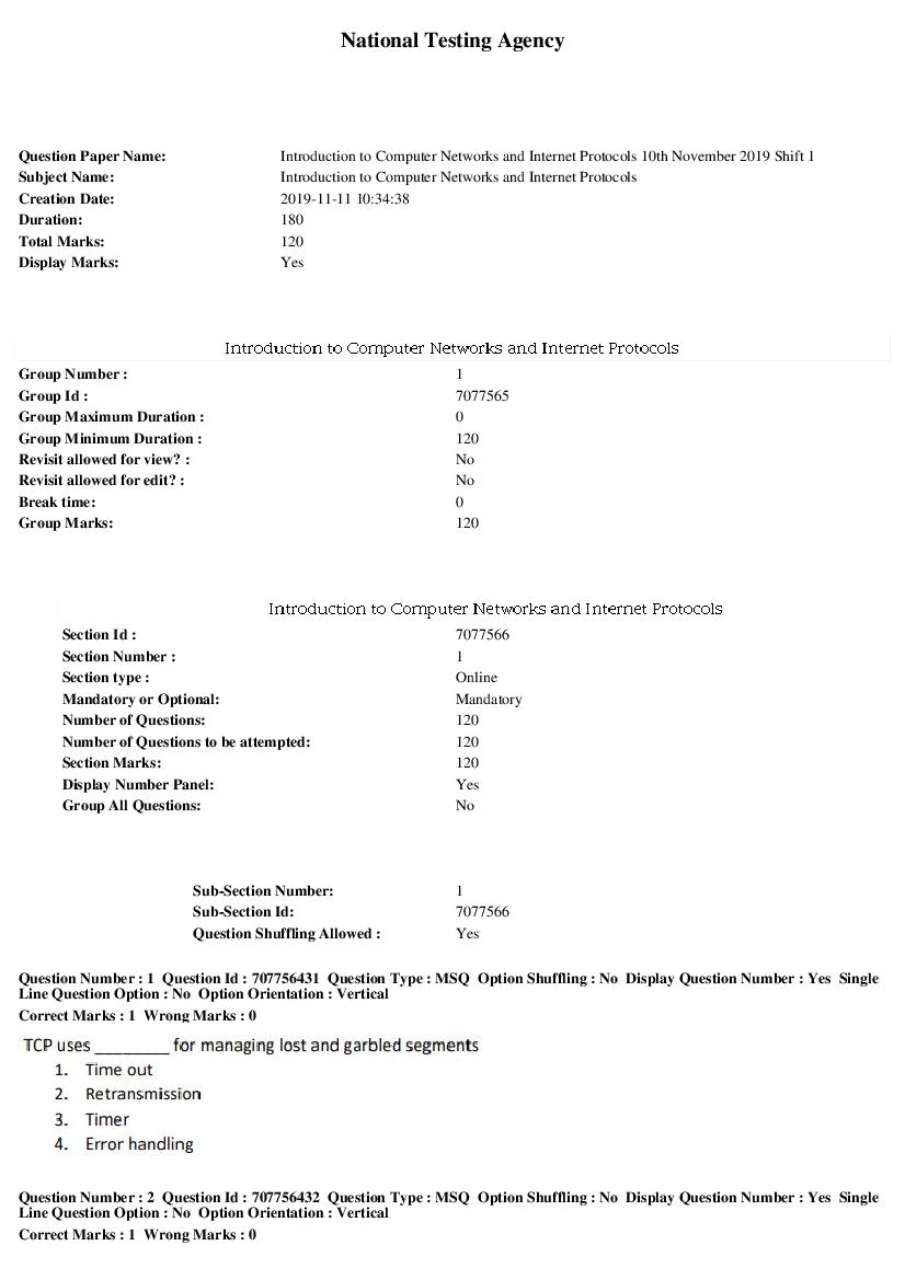 SWAYAM 2019 Question Paper Introduction to Computer Networks and Internet Protocols - Page 1