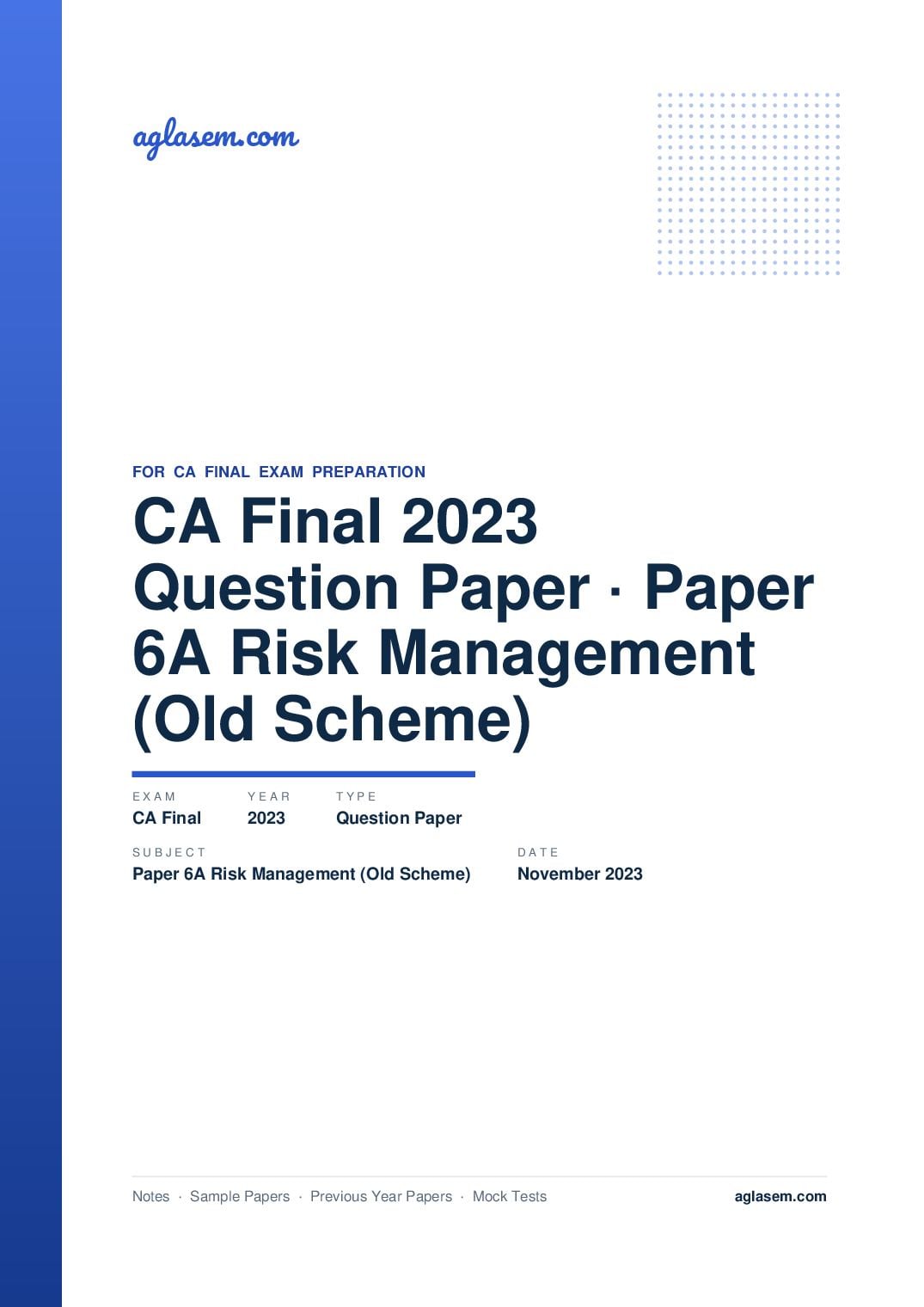CA Final November 2023 Question Paper Paper 6A Risk Management (Old Scheme) - Page 1 of 32