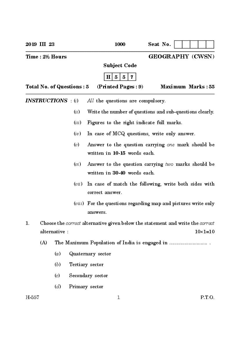 Goa Board Class 12 Question Paper Mar 2019 Geography _CWSN_ - Page 1