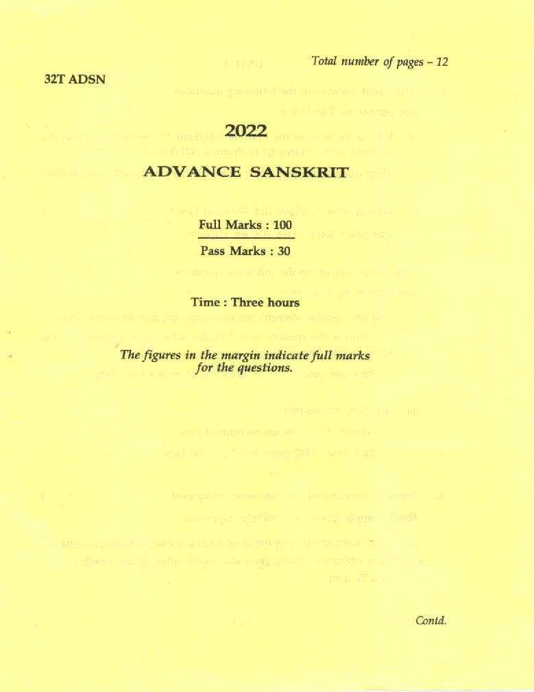 AHSEC HS 2nd Year Question Paper 2022 Advance Sanskrit - Page 1