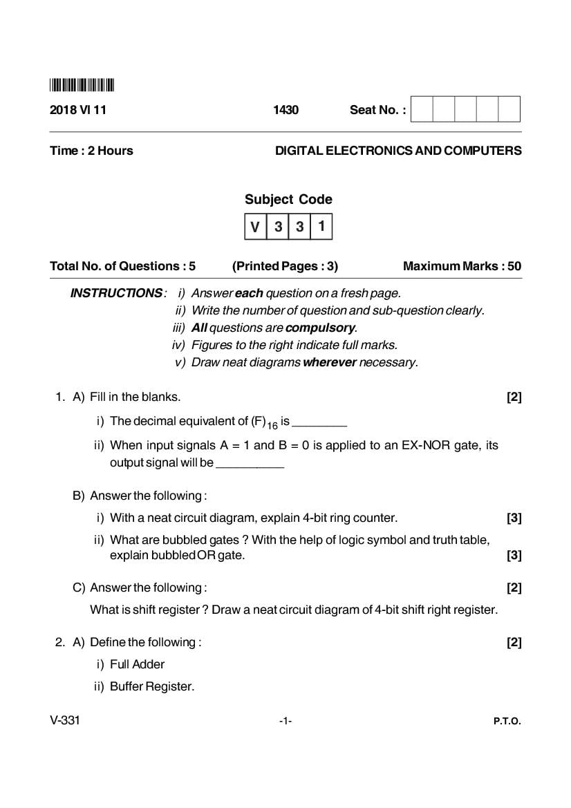Goa Board Class 12 Question Paper June 2018 Digital Electronics and Computers - Page 1