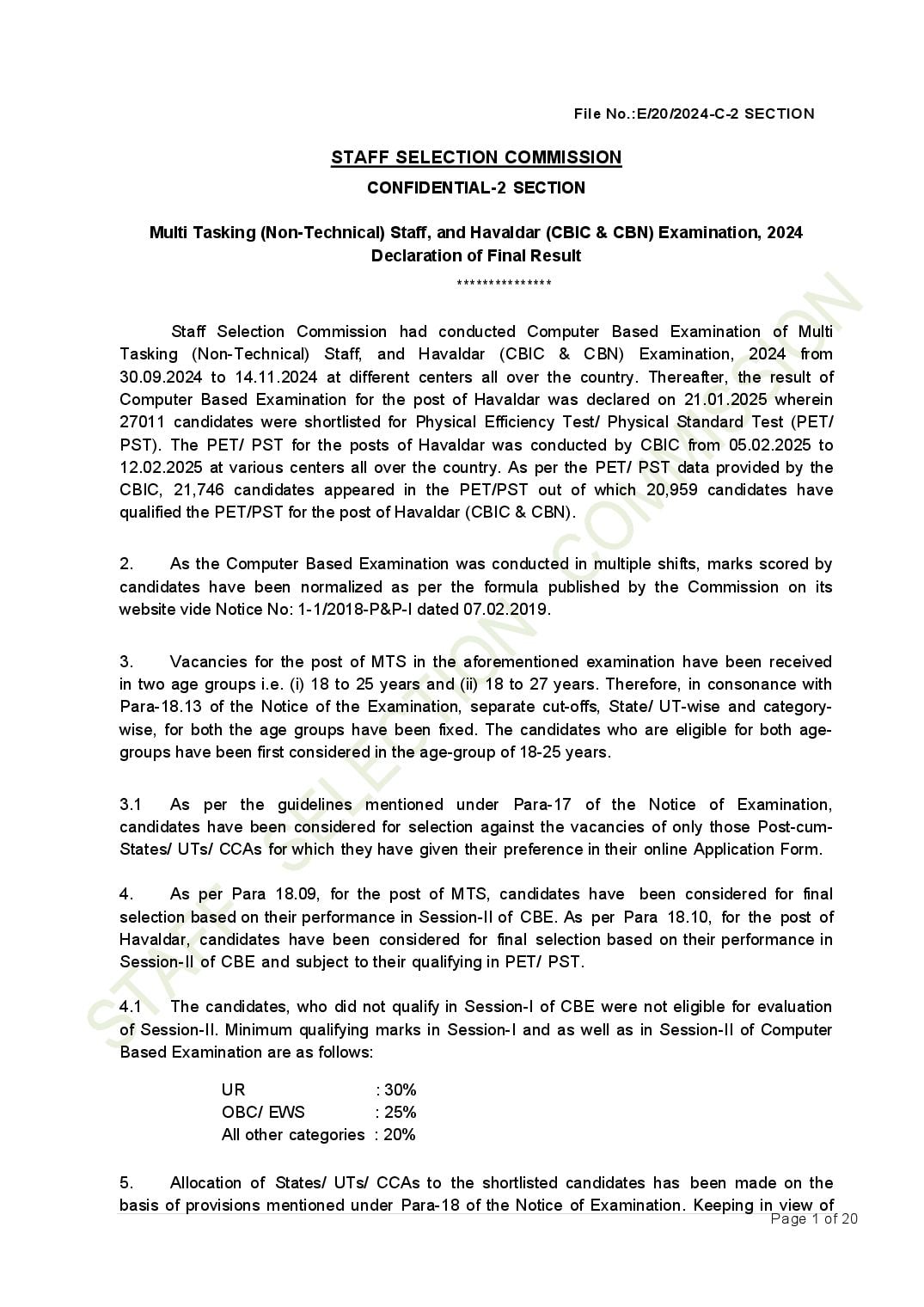 SSC MTS 2024 Cut Off Final Result - Page 1 of 20