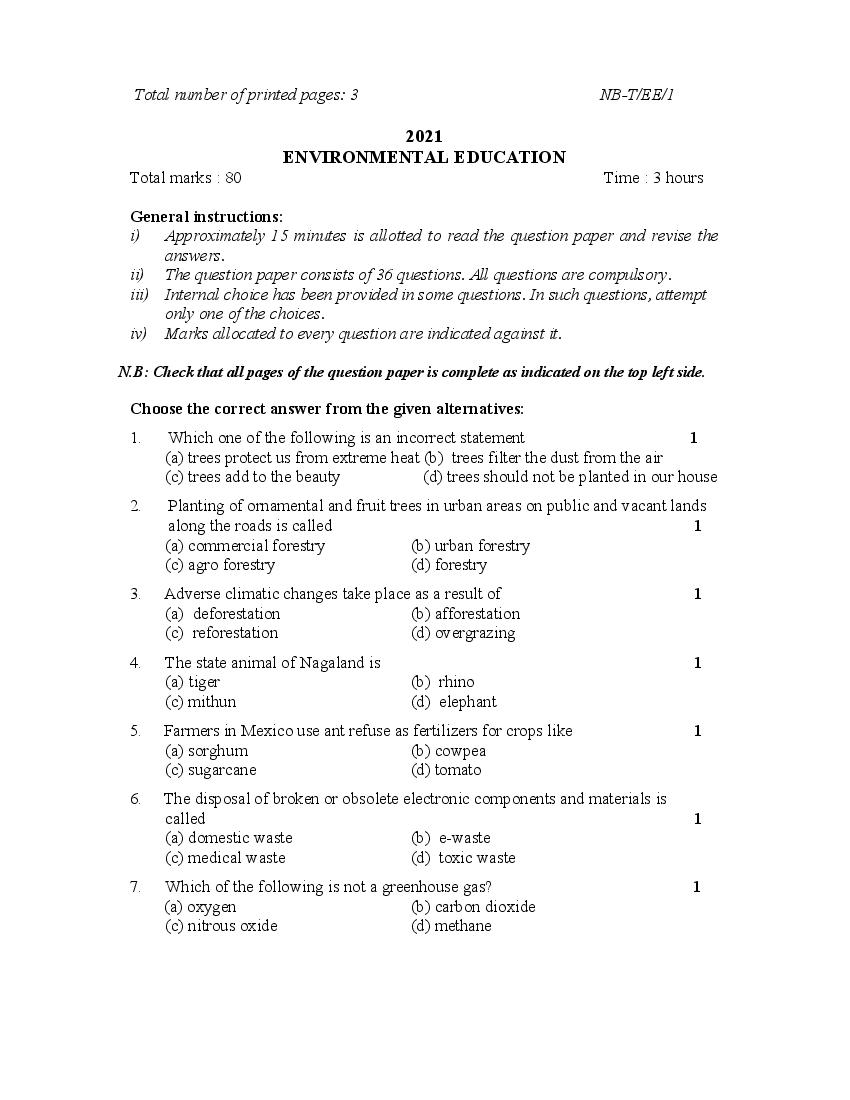NBSE Class 10 Question Paper 2021 for Environmental Education - Page 1