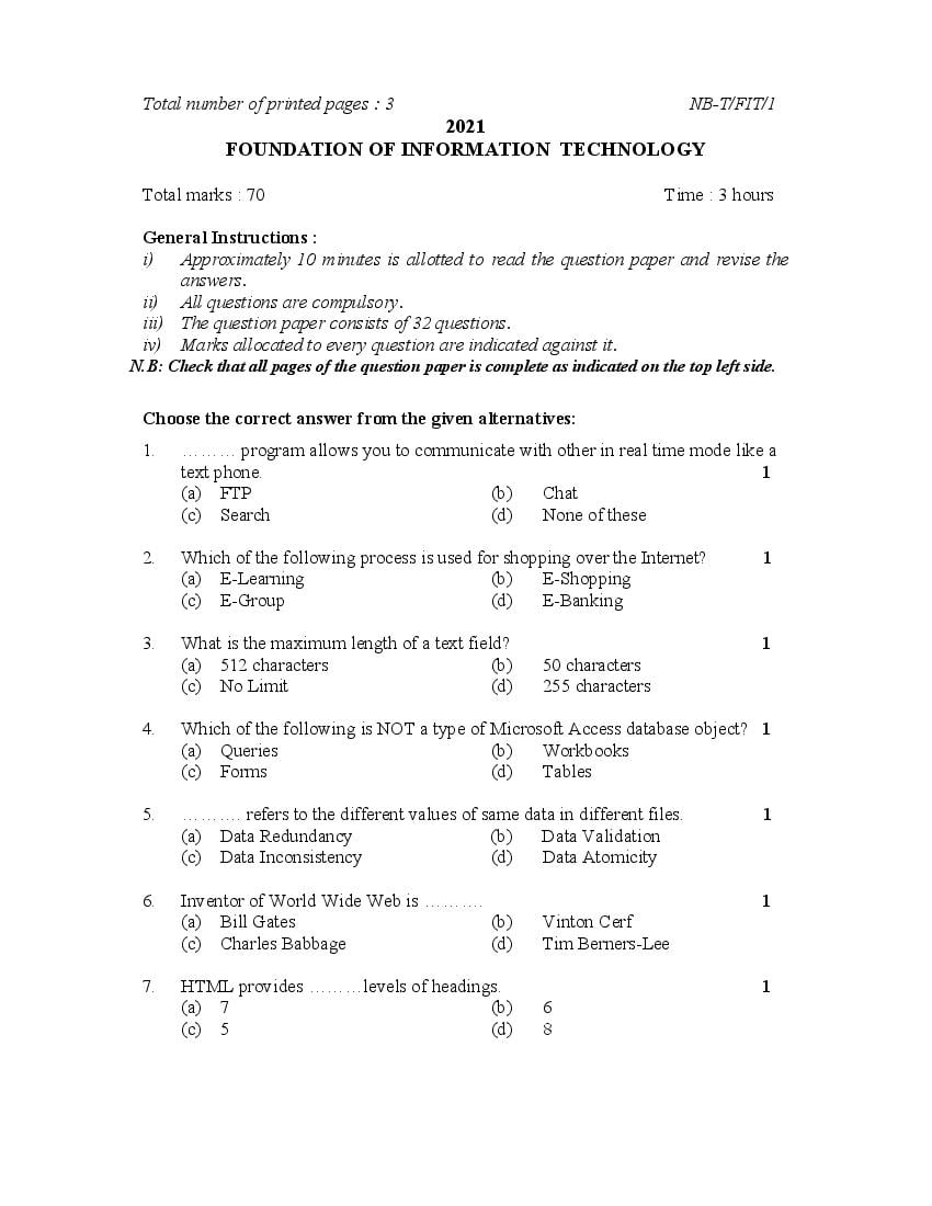 NBSE Class 10 Question Paper 2021 for Foundation of Information Technology - Page 1
