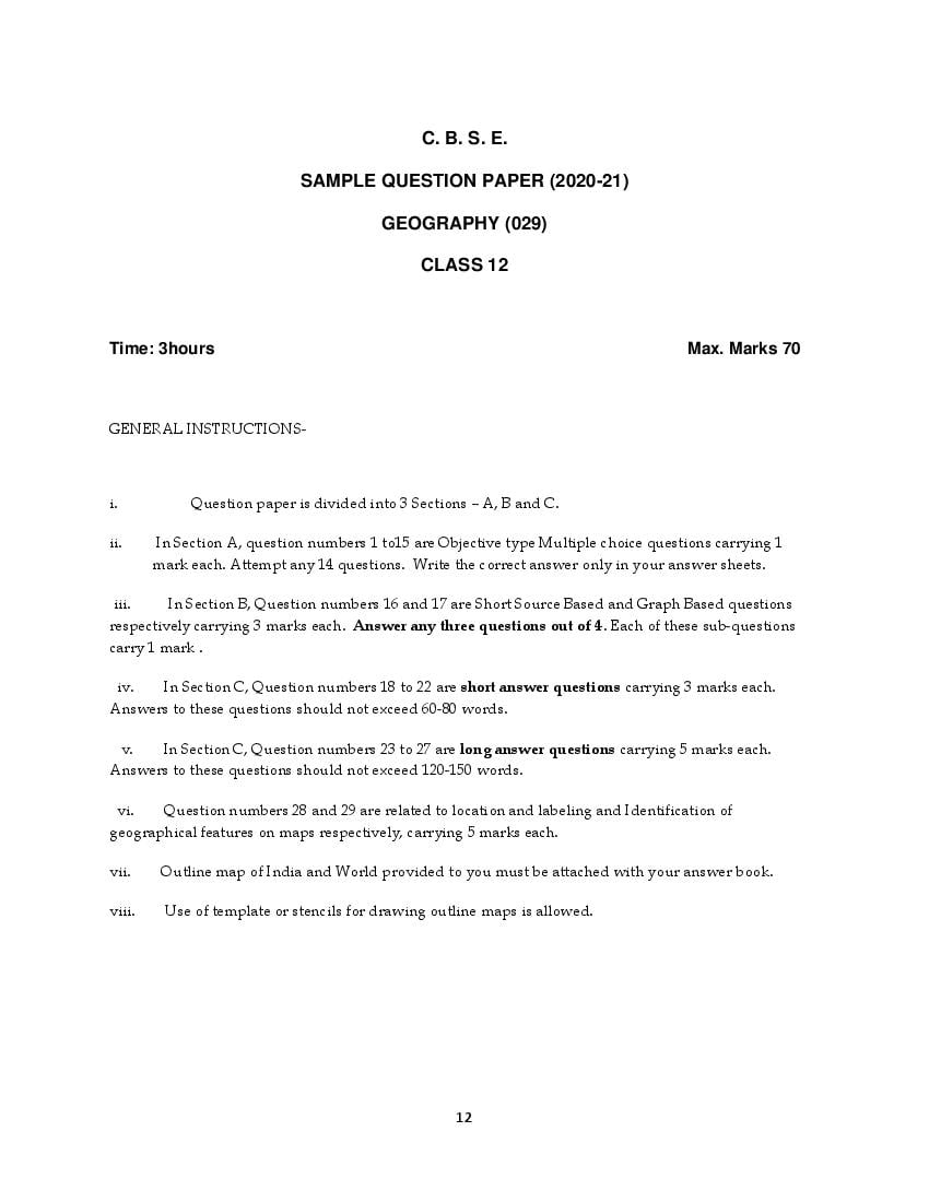 CBSE Class 12 Sample Paper 2021 for Geography - Page 1