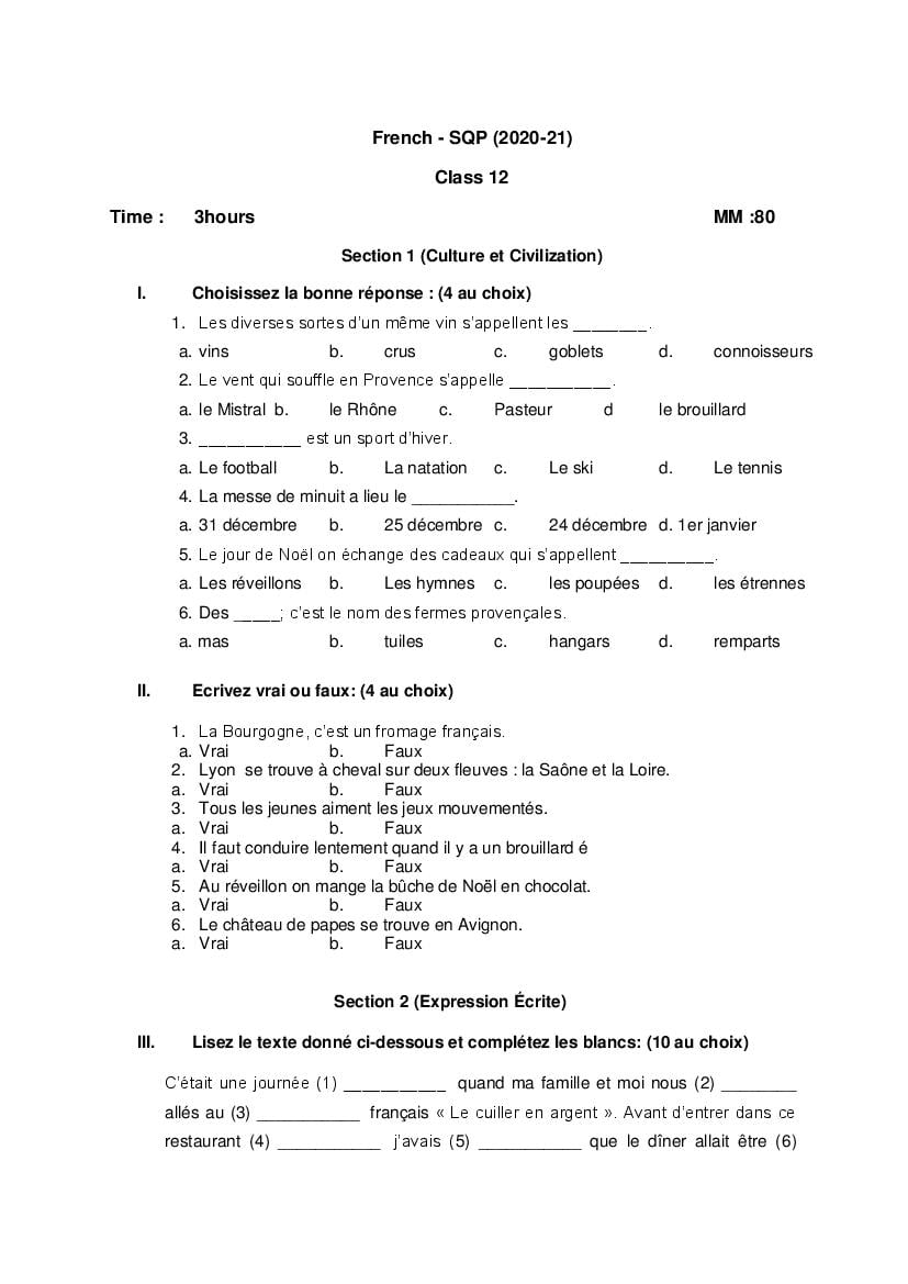 CBSE Class 12 Sample Paper 2021 for French - Page 1