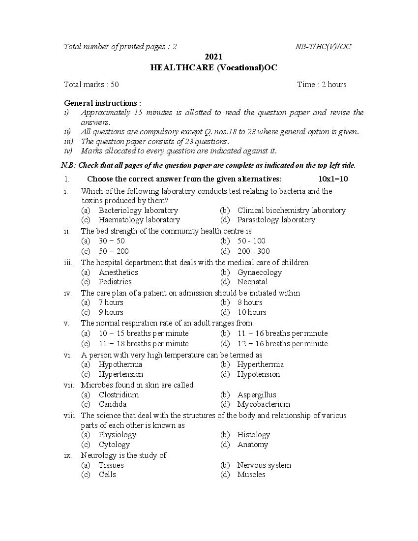 NBSE Class 10 Question Paper 2021 for Health Care - Page 1