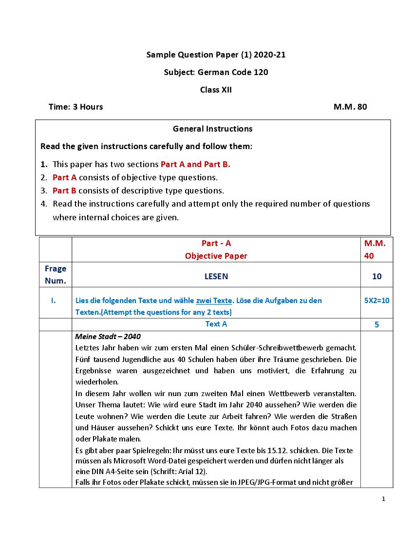 CBSE Class 12 Sample Paper 2021 for German - Page 1