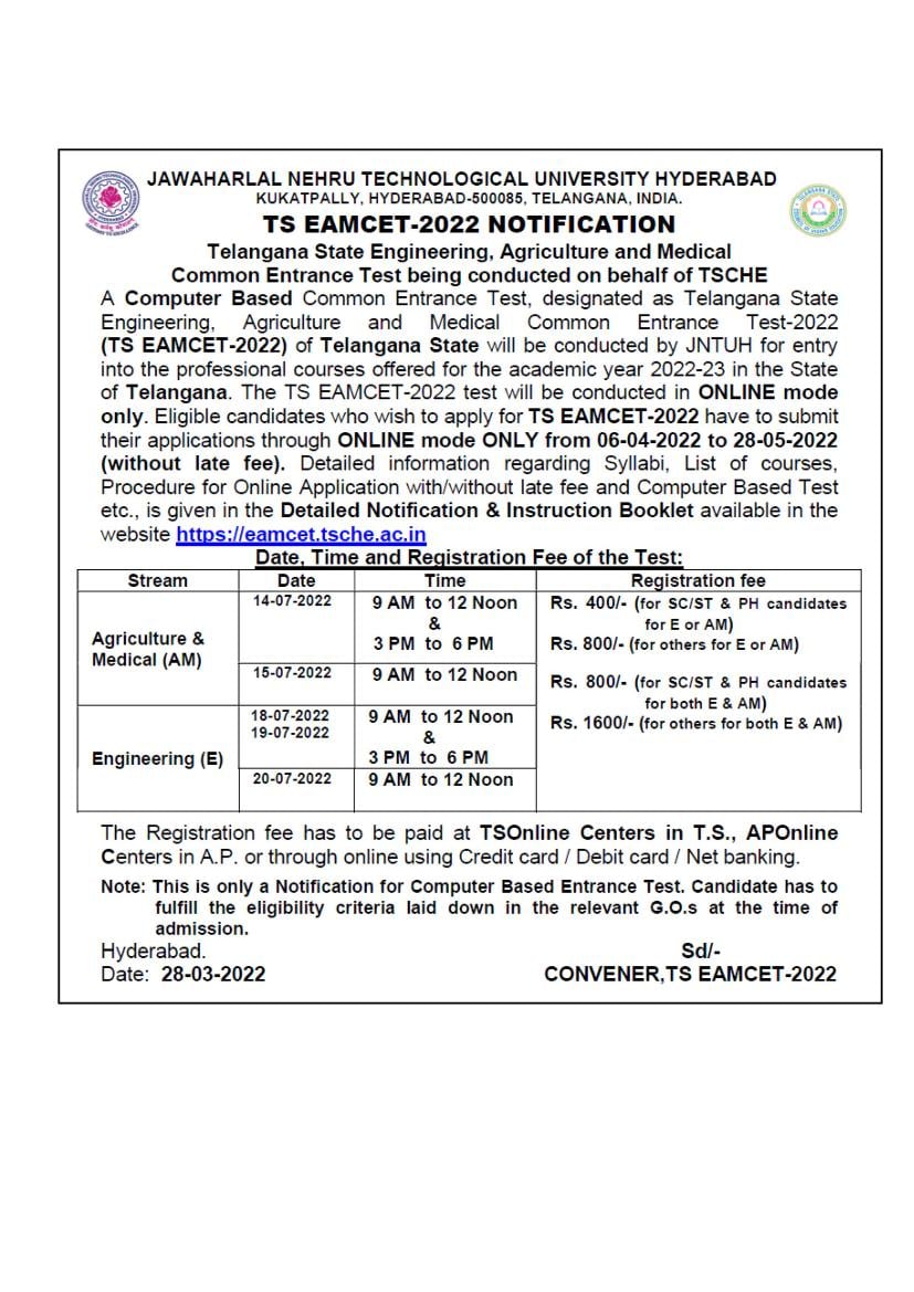 TS EAMCET 2022 Paper Notification - Page 1
