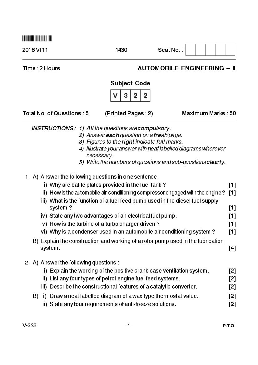 Goa Board Class 12 Question Paper June 2018 Automobile Engineering II - Page 1