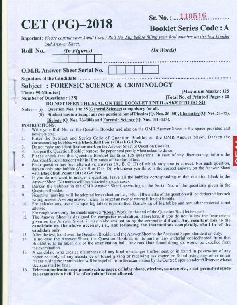 PU CET PG 2018 Question Paper Forensic Science & Criminology - Page 1