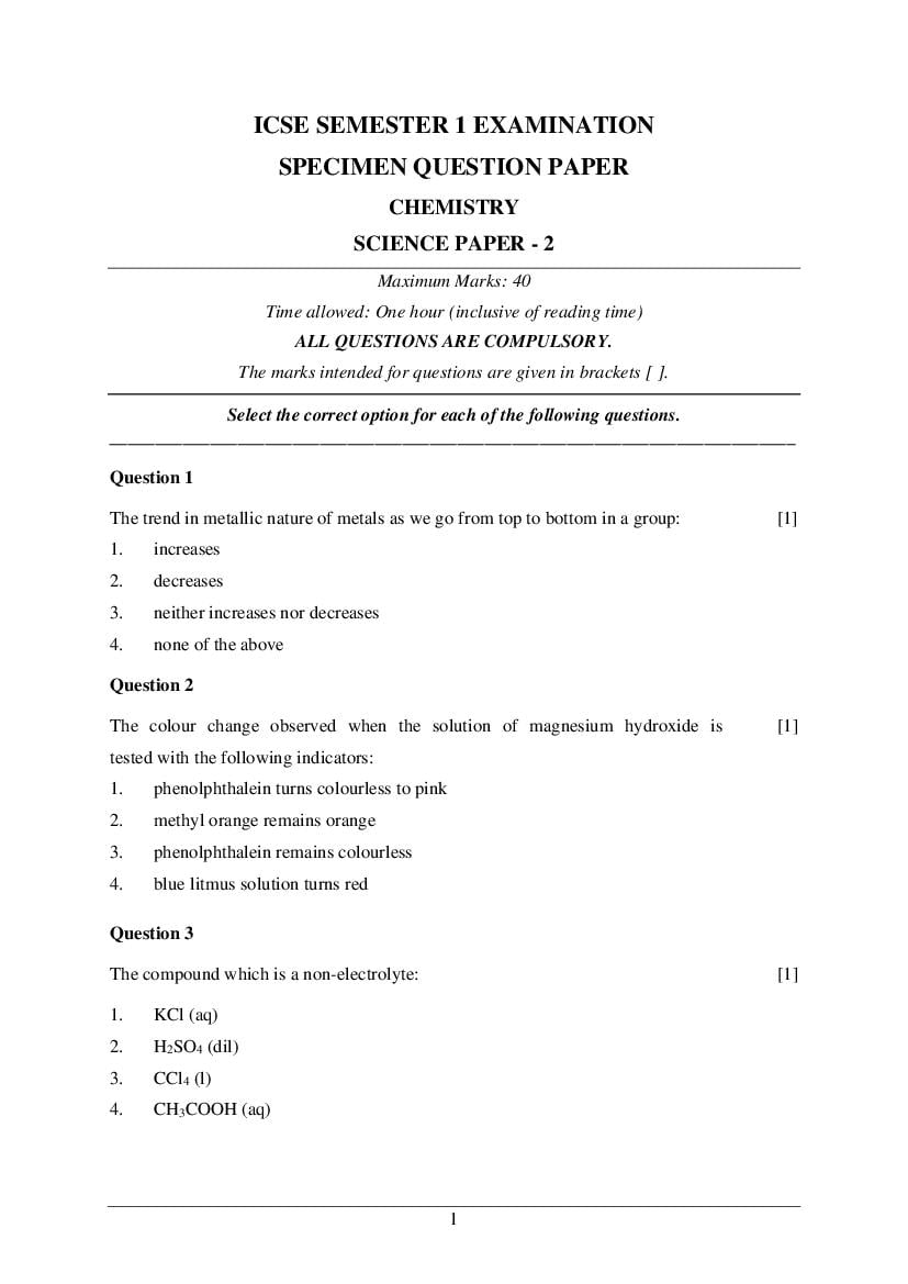 ICSE Class 10 Specimen Paper 2022  Chemistry Semester 1 - Page 1