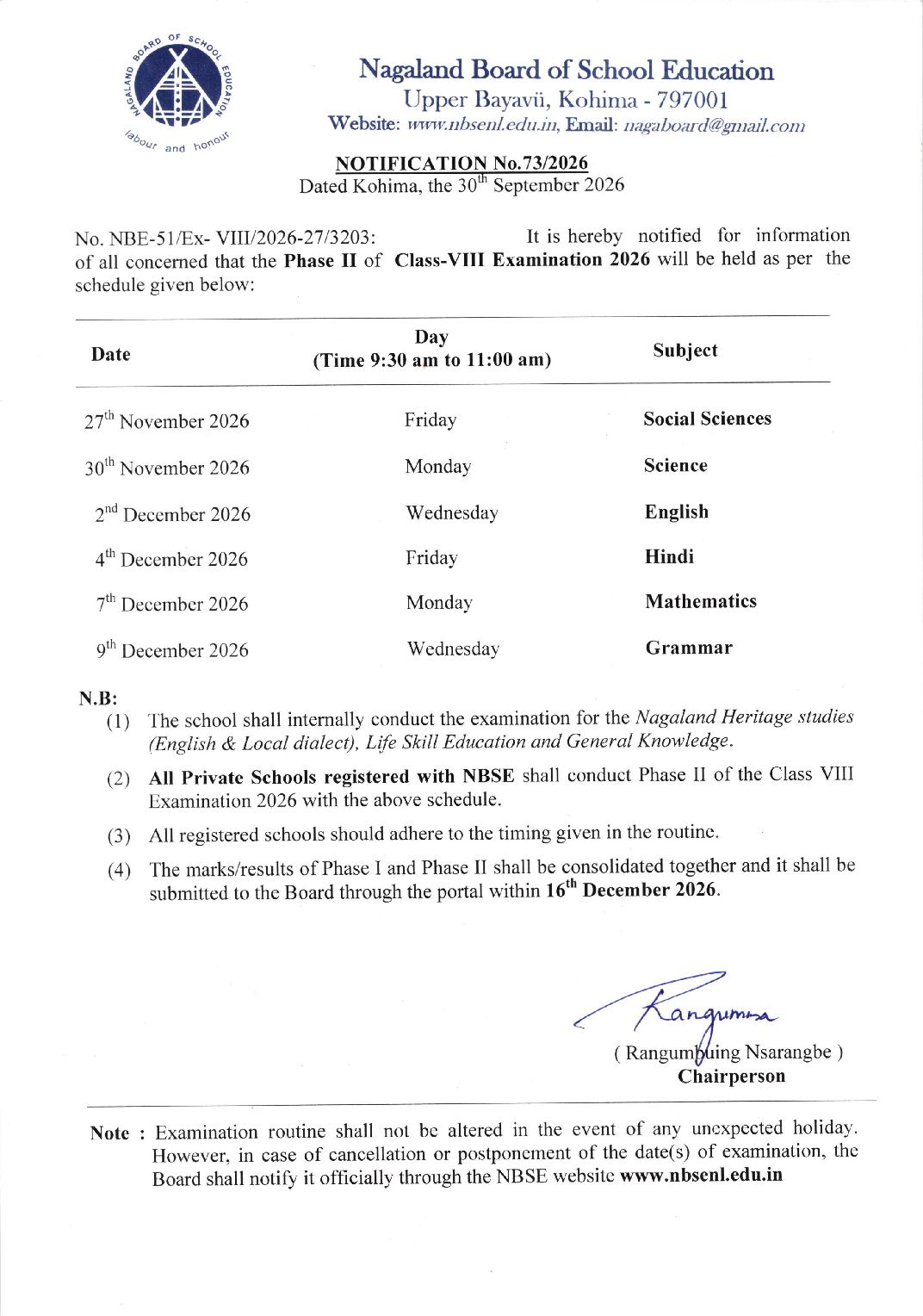 NBSE Class 8 Routine 2026 Phase 2 - Page 1 of 1