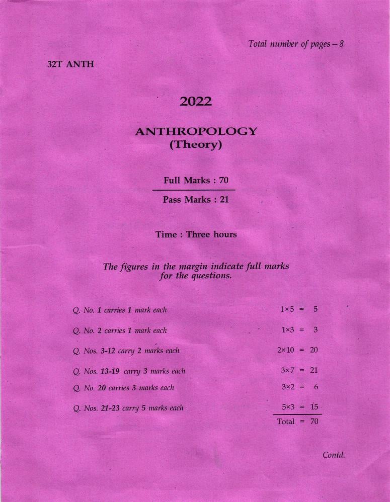 AHSEC HS 2nd Year Question Paper 2022 Anthropology - Page 1