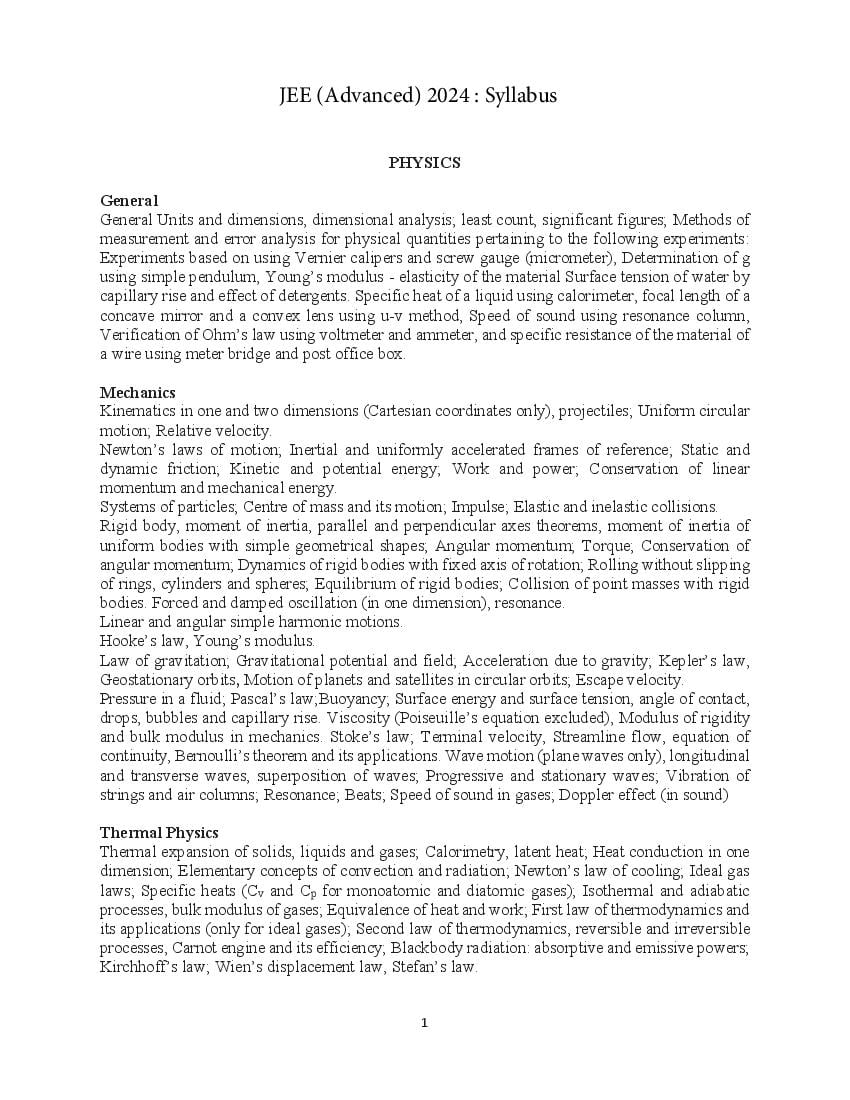 JEE Advanced 2024 Syllabus - Page 1